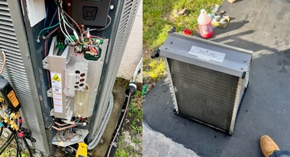 Close-up of an HVAC technician inspecting components of an air conditioning unit, emphasizing the thorough maintenance and repair services provided.